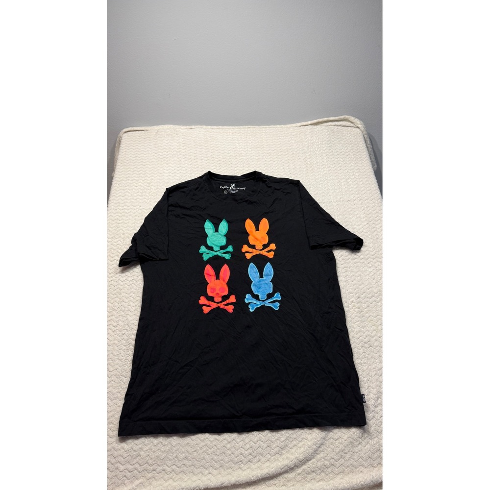 Psycho Bunny Mens 1XLT Black Pima Cotton Multi Color Skull Graphic Tee Shirt